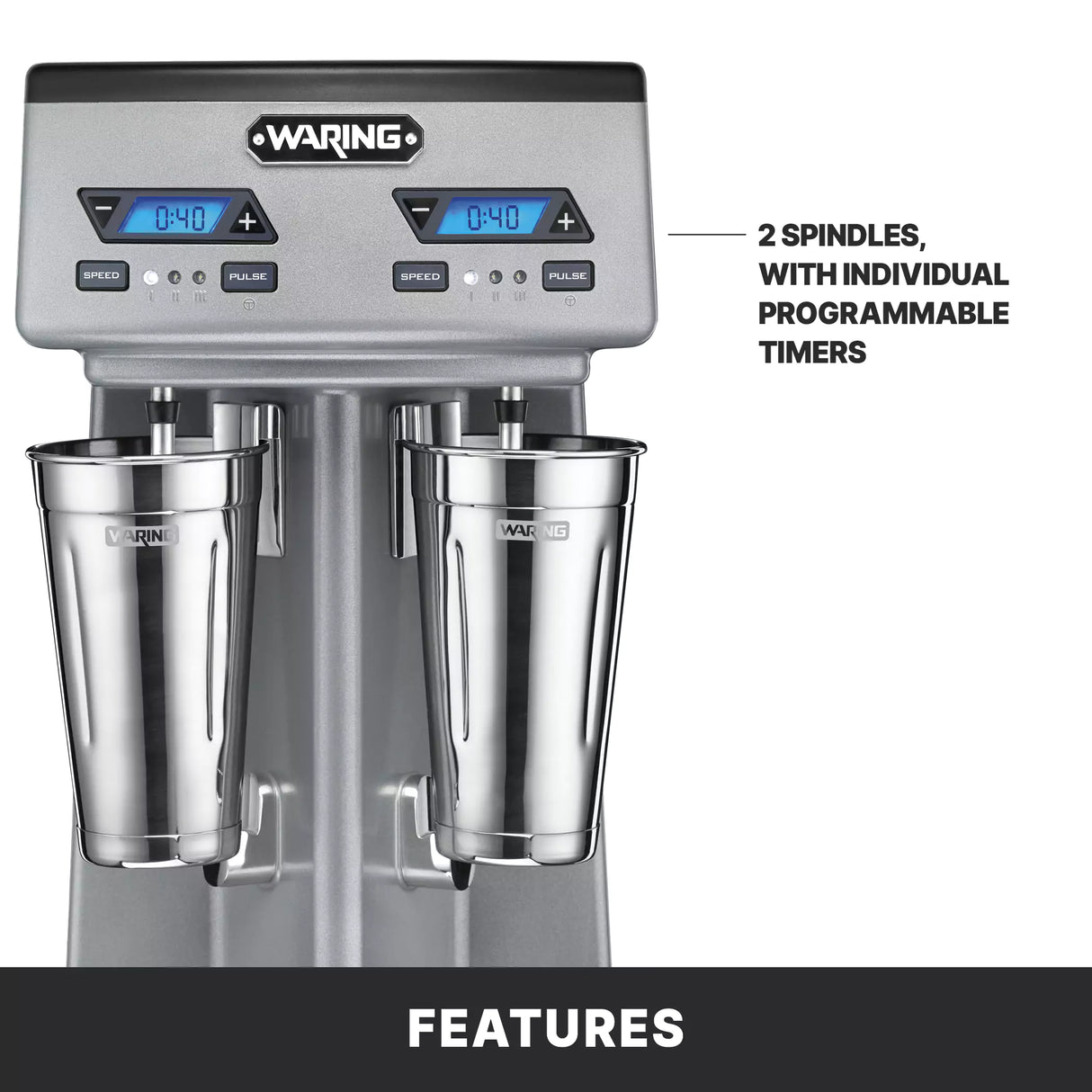 A Waring drink mixer with a double spindle and two metal mixing cups, each featuring individual programmable digital timers and speed/pulse controls, is shown on a gray and black background with labeled features.