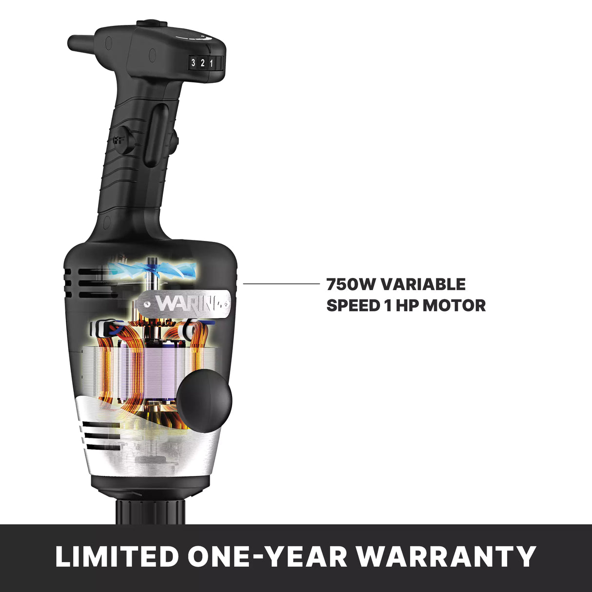 Cutaway view of a black heavy duty handheld power tool showing internal motor components. Text points to inside saying 750W VARIABLE SPEED 1 HP MOTOR, ideal for an immersion blender with 21" stainless steel shaft. Bottom banner: LIMITED ONE-YEAR WARRANTY.
