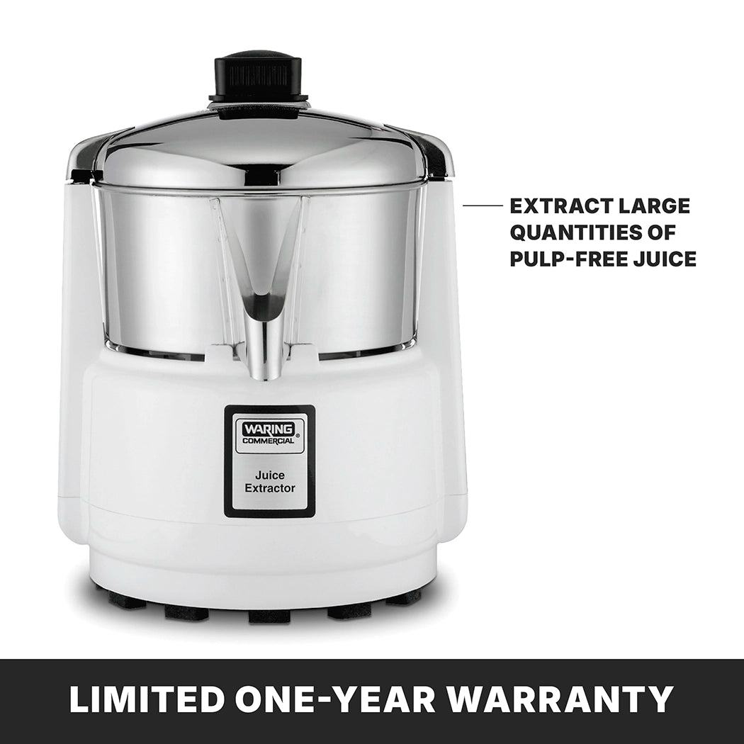 A white and chrome heavy duty Waring Commercial Juice Extractor sits on a black base. Text points to the spout, reading Extract large quantities of pulp-free juice. Below, a black bar with white text says, LIMITED ONE-YEAR WARRANTY.