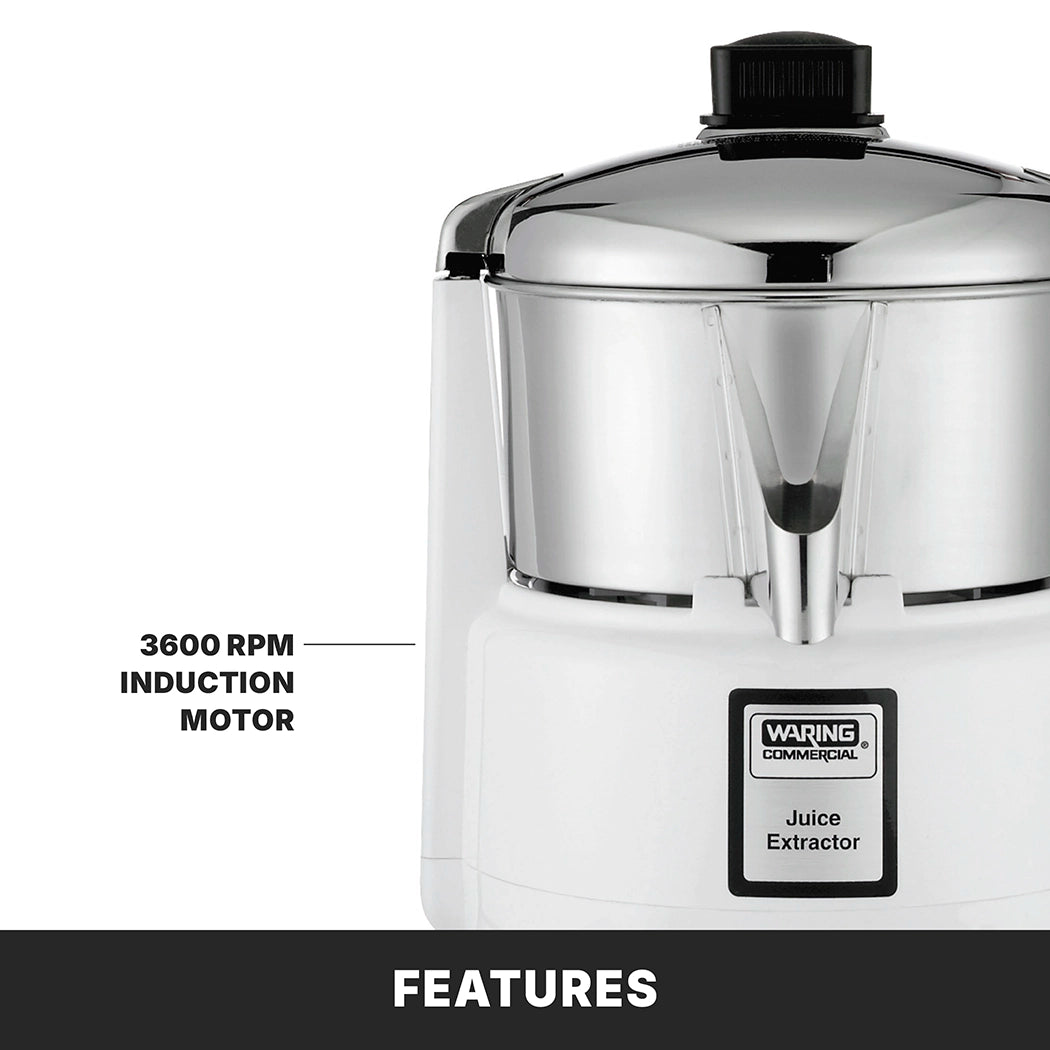 A white and chrome Waring Commercial Juice Extractor is shown close-up. This heavy duty appliance features a shiny metal top, spout, black knob, and a label boasting “3600 RPM induction motor” for efficient, pulp free juice every time.