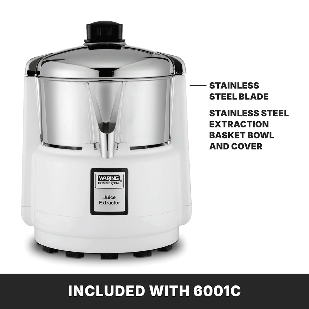 A heavy duty white and silver Juice Extractor with a stainless steel blade, extraction basket, bowl, and cover. Labeled “Waring Commercial Juice Extractor,” it delivers pulp free juice with features highlighted above a black “INCLUDED WITH 6001C.” bar.