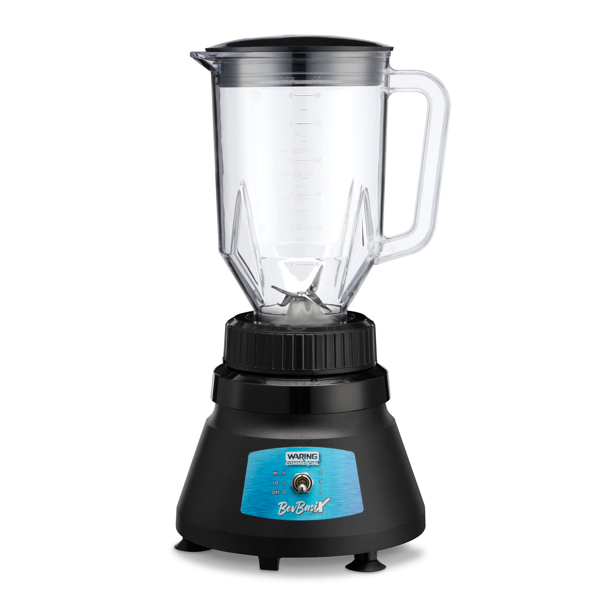 A clear plastic blender jar with 48 oz. capacity and measurement markings sits on a black Bar Blender base featuring a blue control panel with dial and buttons. The jar has a handle, spout, stainless steel blade, and a lid with a clear center cap.