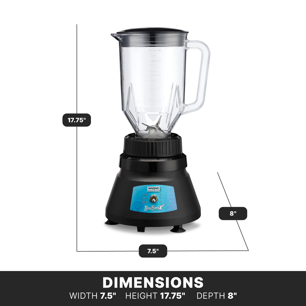 A countertop bar blender with a clear copolyester container and black base is shown. Black lines indicate its dimensions: height 17.75 in, width 7.5 in, depth 8 in. A label below lists these dimensions in bold white text on a black background.