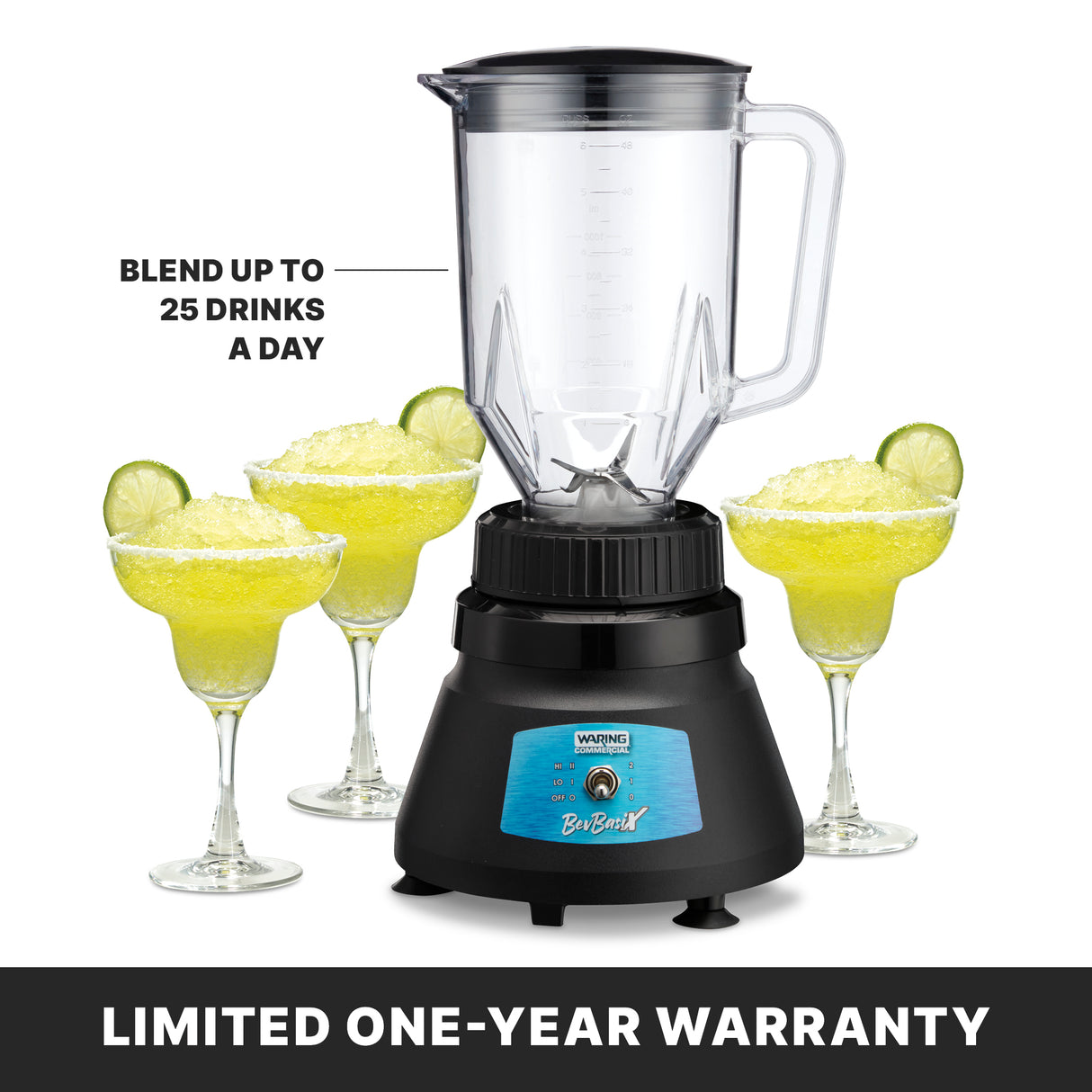 A black bar blender with a clear copolyester container is surrounded by four margarita glasses filled with yellow frozen drinks and lime slices. Text reads “Blend up to 25 drinks a day.” A banner below says, “Limited one-year warranty.”.