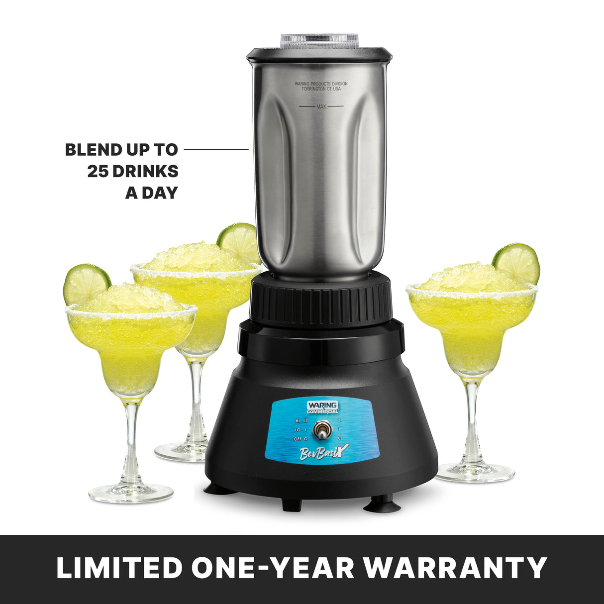 A black and silver bar blender with a stainless steel container sits on a counter, surrounded by four margarita glasses filled with yellow slushy drinks and lime wedges. Text reads: Blend up to 25 drinks a day and Limited one-year warranty on a black bar at the bottom.