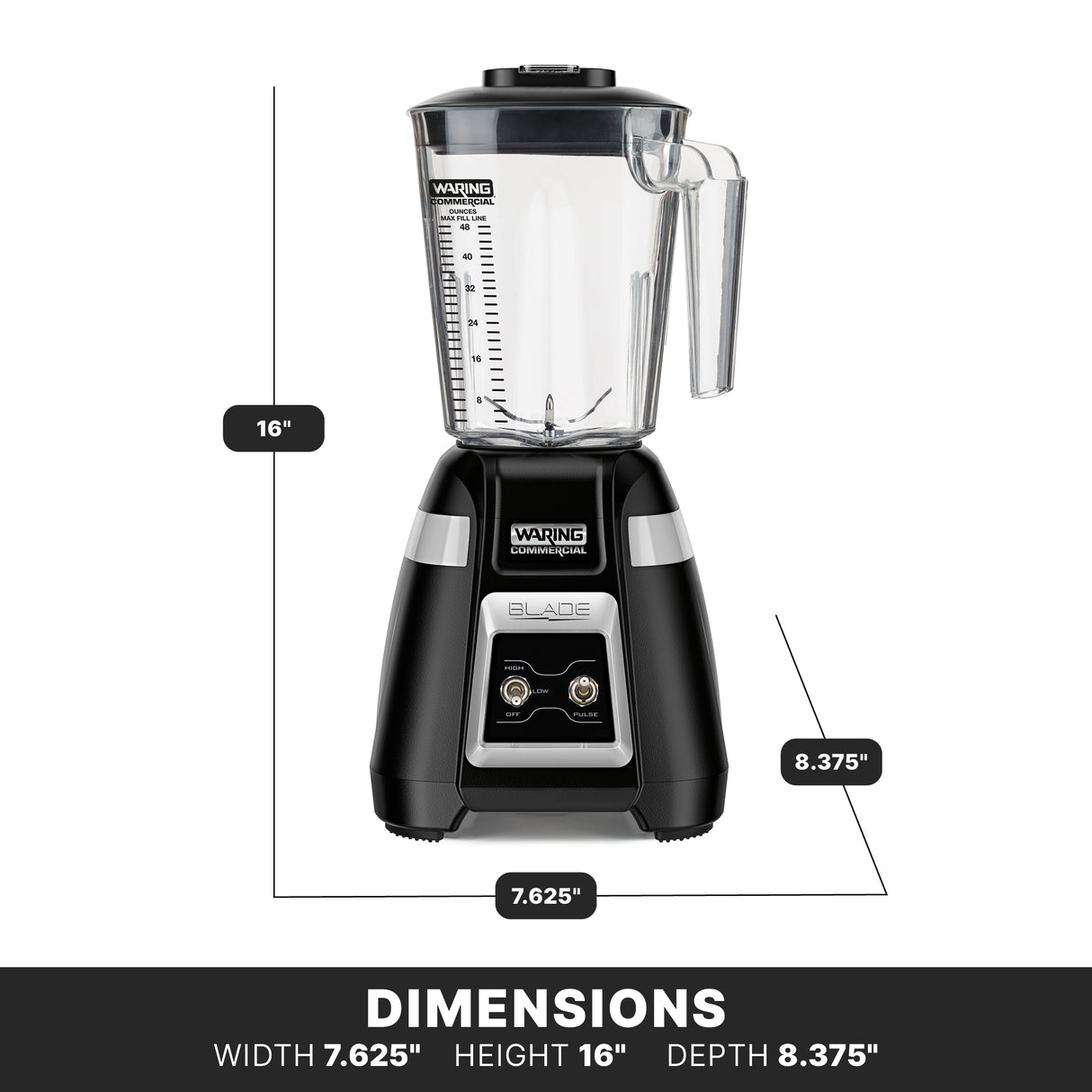 A black and silver Blade Bar Blender with a 48-oz. plastic container features measurement markings, a lid, and front control switches including 2-speed options. Dimensions: width 7.625”, height 16”, depth 8.375”. White background with labeled measurements.