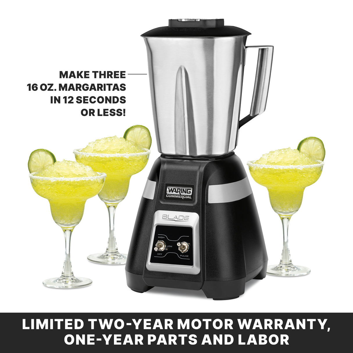 A 2-speed Blade Bar Blender with a stainless steel container is centered with three margarita glasses filled with yellow slushy drinks and garnished with lime. Text reads: “Make three 16 oz. margaritas in 12 seconds or less!” and includes warranty details.