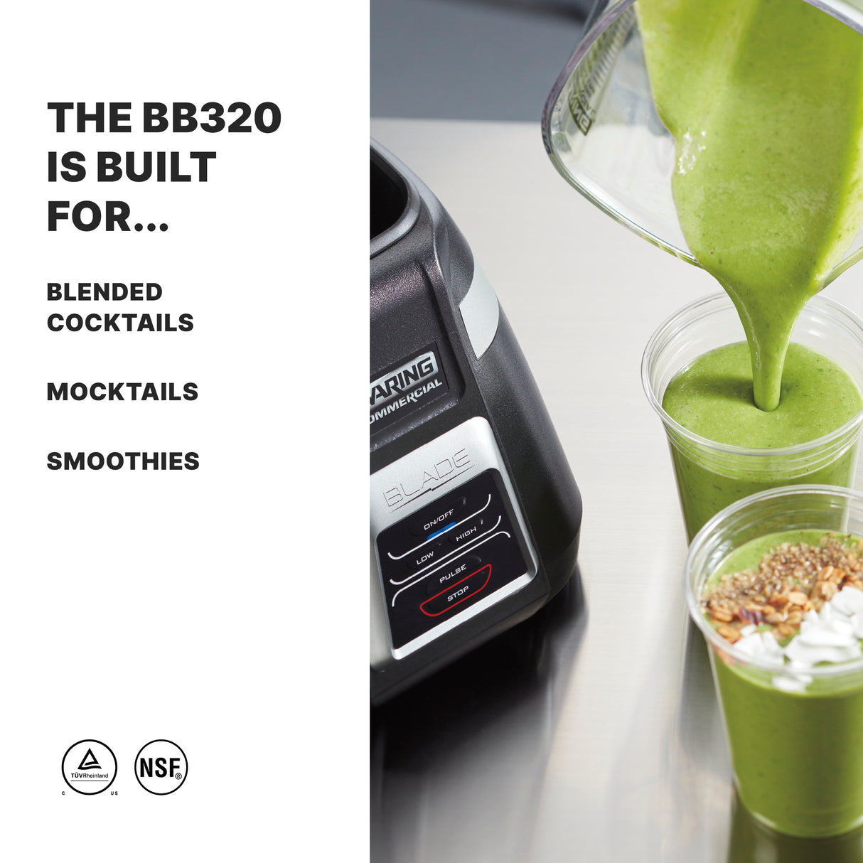 A green smoothie is being poured from a Blade Bar Blender with electronic touchpad controls into clear cups on a stainless steel counter. The blender’s 48-oz. plastic container and control panel are visible, highlighting its versatility for cocktails, mocktails, and smoothies.