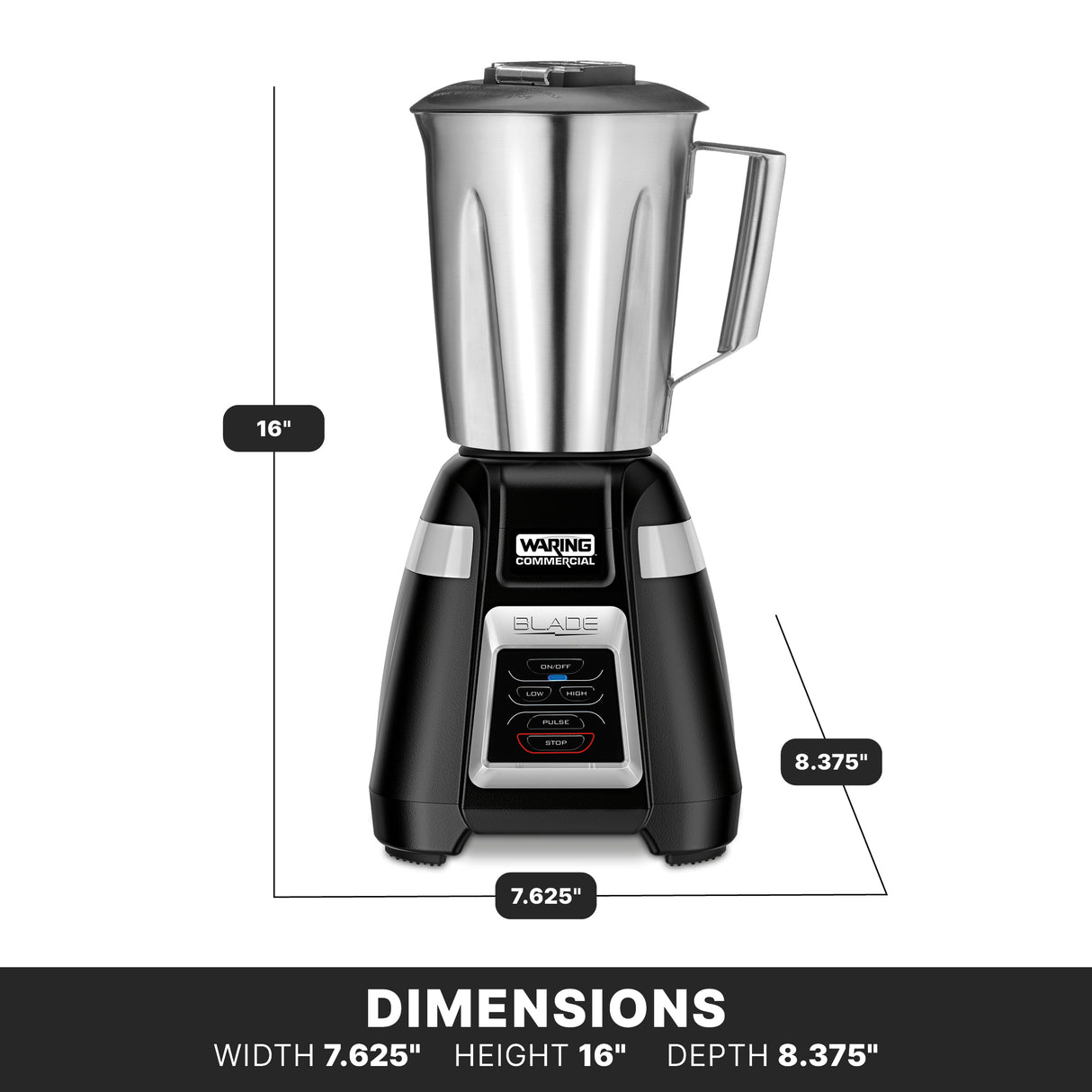 A Blade Bar Blender with a stainless steel container is shown in front view. Its electronic touchpad controls, display, and Waring Commercial branding are clearly visible. Dimensions: 16" tall, 7.625" wide, and 8.375" deep.