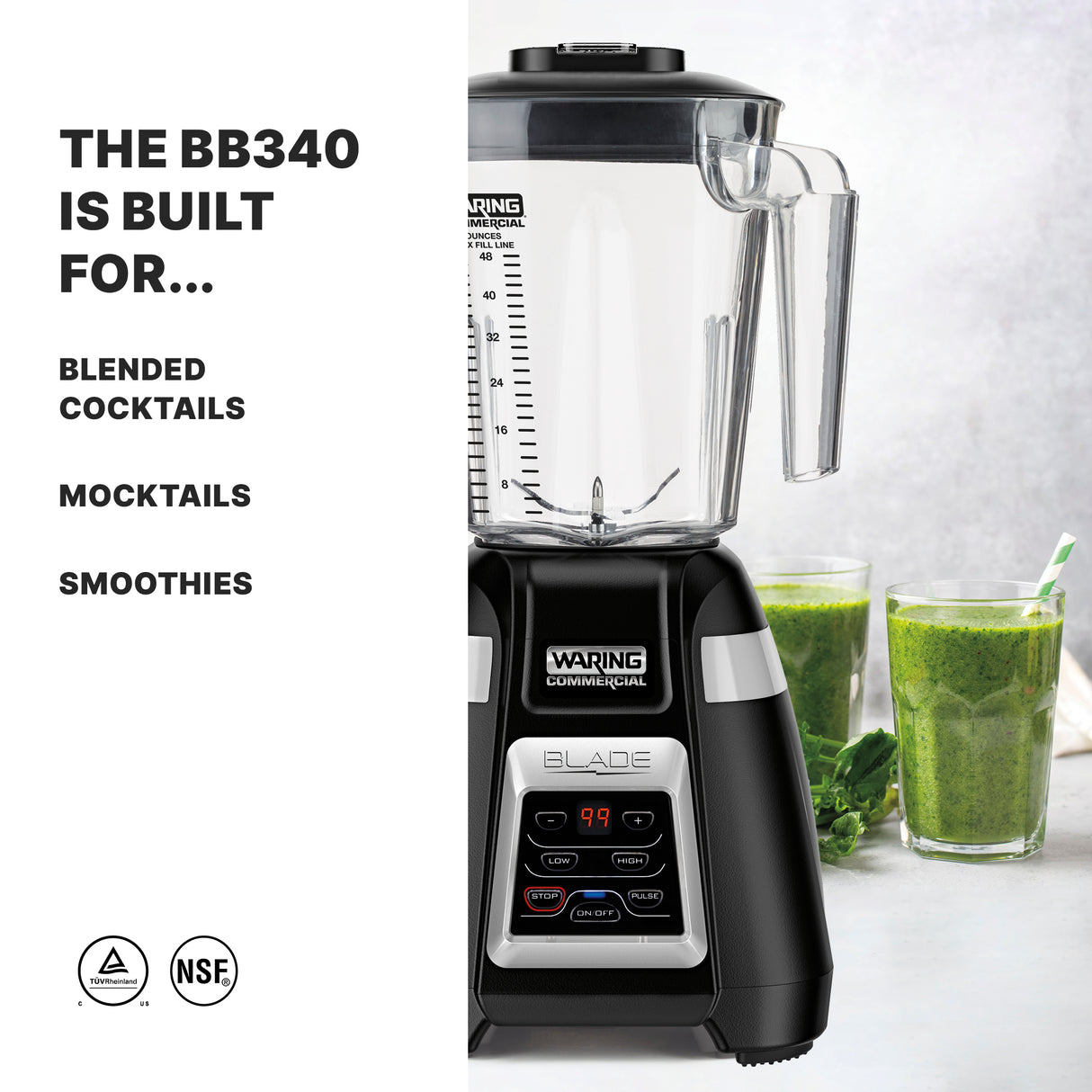 A black and silver Blade Bar Blender with a clear 48-oz. plastic container sits beside green smoothies and leafy greens on a white countertop. Text reads: The BB340 is built for blended cocktails, mocktails, smoothies. Certification icons below.