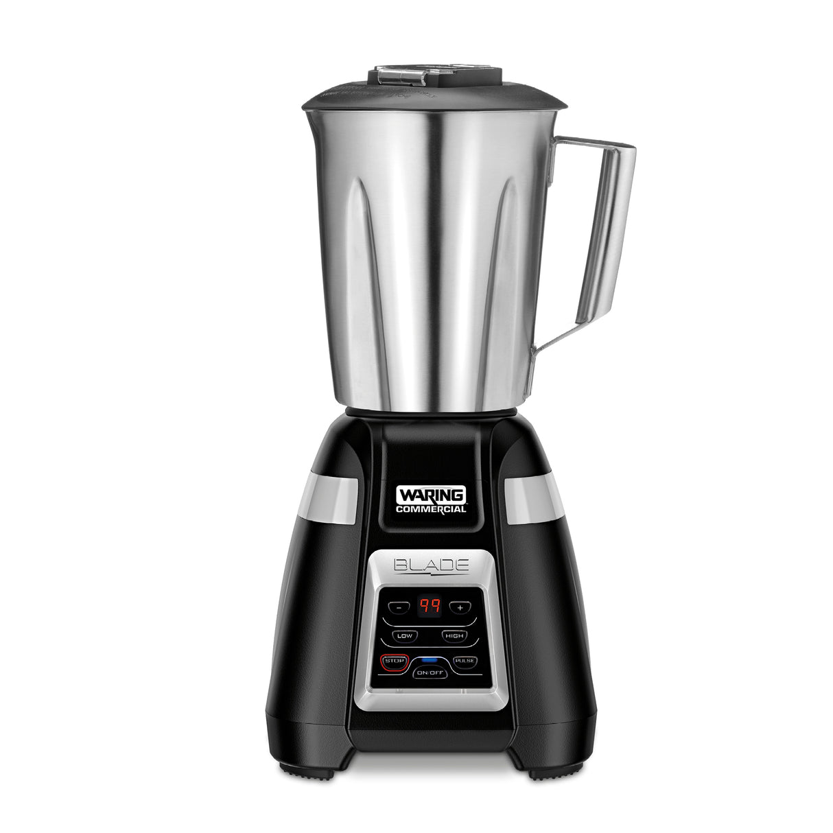 A stainless steel container countertop blender with a handle and black base features a digital display, labeled “Waring Commercial” and “Blade Bar Blender.” Several buttons for functions and 2-speed blender settings are visible on the base.