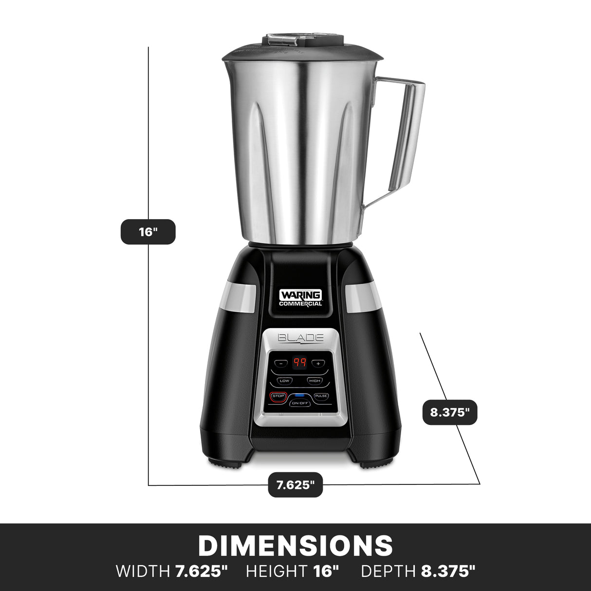A Waring Commercial Blade Bar Blender with a stainless steel container sits on a black base with digital controls. This 2-speed blender measures 16" high, 7.625" wide, and 8.375" deep, with the logo displayed on the base.