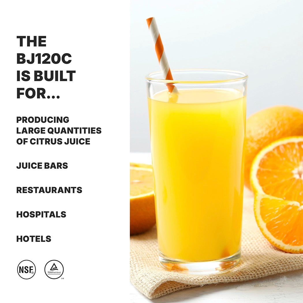 A glass of orange juice with a striped straw sits on a white surface next to sliced oranges. Text on the left reads: “The BJ120C citrus juicer is built for producing large quantities of juice: juice bars, restaurants, hospitals, hotels.” NSF and certification icons shown.