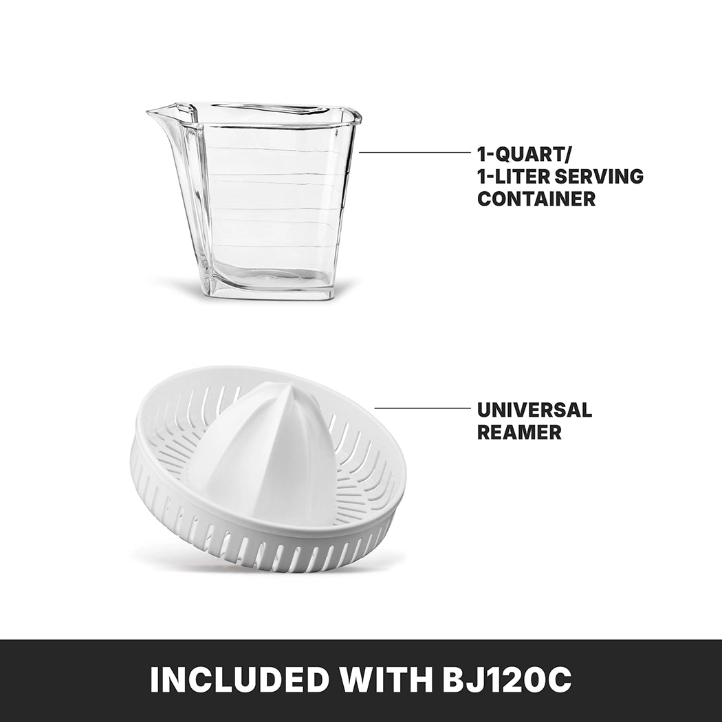 Image showing two items: a transparent 1-quart/1-liter serving container with a spout and measurement marks, and a white universal citrus juicer reamer with ridges. Below, a black bar reads INCLUDED WITH BJ120C in white text.