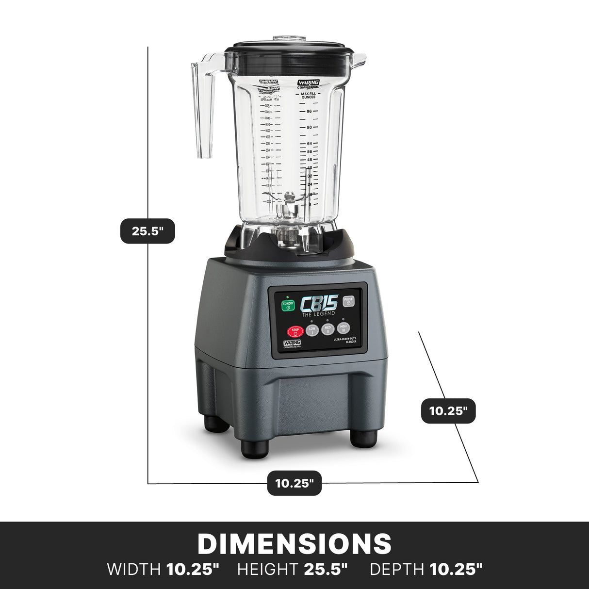 A heavy-duty blender with a clear 64 oz. pitcher and black lid sits on a gray base with digital controls. Labeled measurements show its dimensions: 25.5 tall, 10.25 wide, and 10.25 deep. DIMENSIONS is written at the bottom.