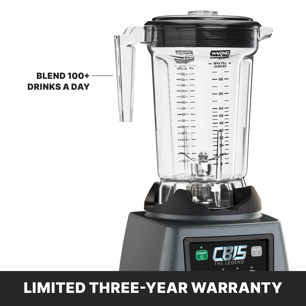 A commercial heavy-duty blender with a clear, marked pitcher and black lid is shown. Text on the image reads “BLEND 100+ DRINKS A DAY.” The base displays “CB15 The Legend.” A banner at the bottom states, “LIMITED THREE-YEAR WARRANTY.”.