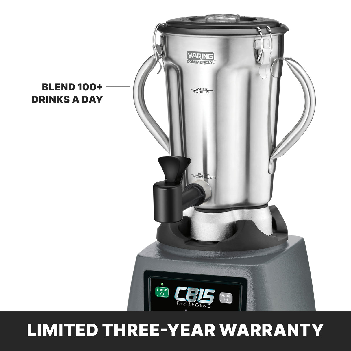 A heavy-duty blender with sturdy handles and a stainless steel container sits on a gray base featuring a digital display reading CB15 The Legend. Text beside it reads, Blend 100+ drinks a day. Bottom banner states, Limited three-year warranty.