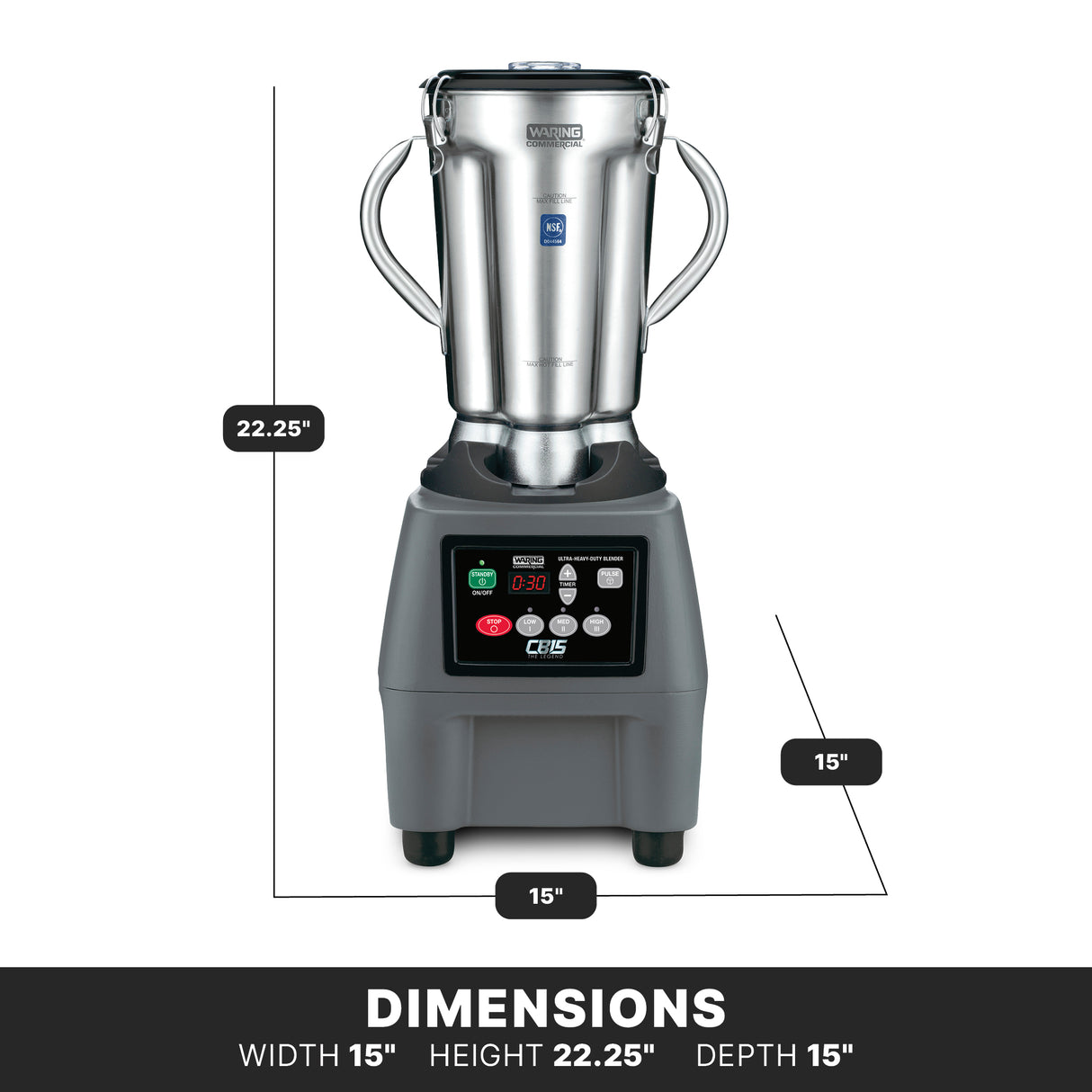 A heavy-duty Food Blender with a stainless steel container features two handles, rests on a black base with control buttons and a digital display. It measures 15 inches wide by 15 inches deep and stands 22.25 inches tall, with dimensions labeled on the image.