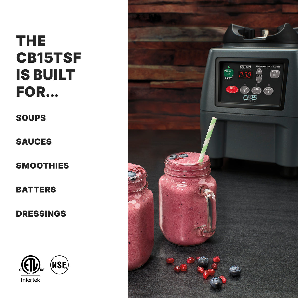A heavy-duty Food Blender with a digital control panel sits on a dark countertop next to two glass jars filled with pink smoothies, garnished with blueberries and striped straws. Text on the left lists uses: soups, sauces, smoothies, batters, dressings.