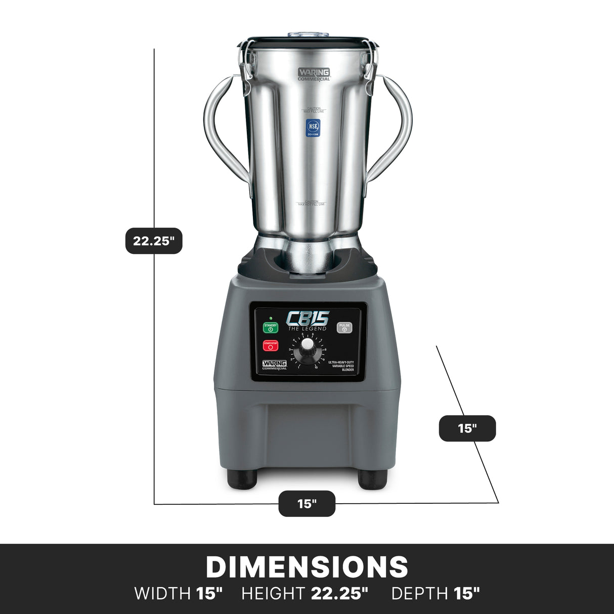 A heavy-duty Food Blender with a stainless steel jar sits on a black base. It features variable-speed controls, labeled dimensions (height 22.25, width 15, depth 15), and a digital keypad display on the front. Text DIMENSIONS appears below.