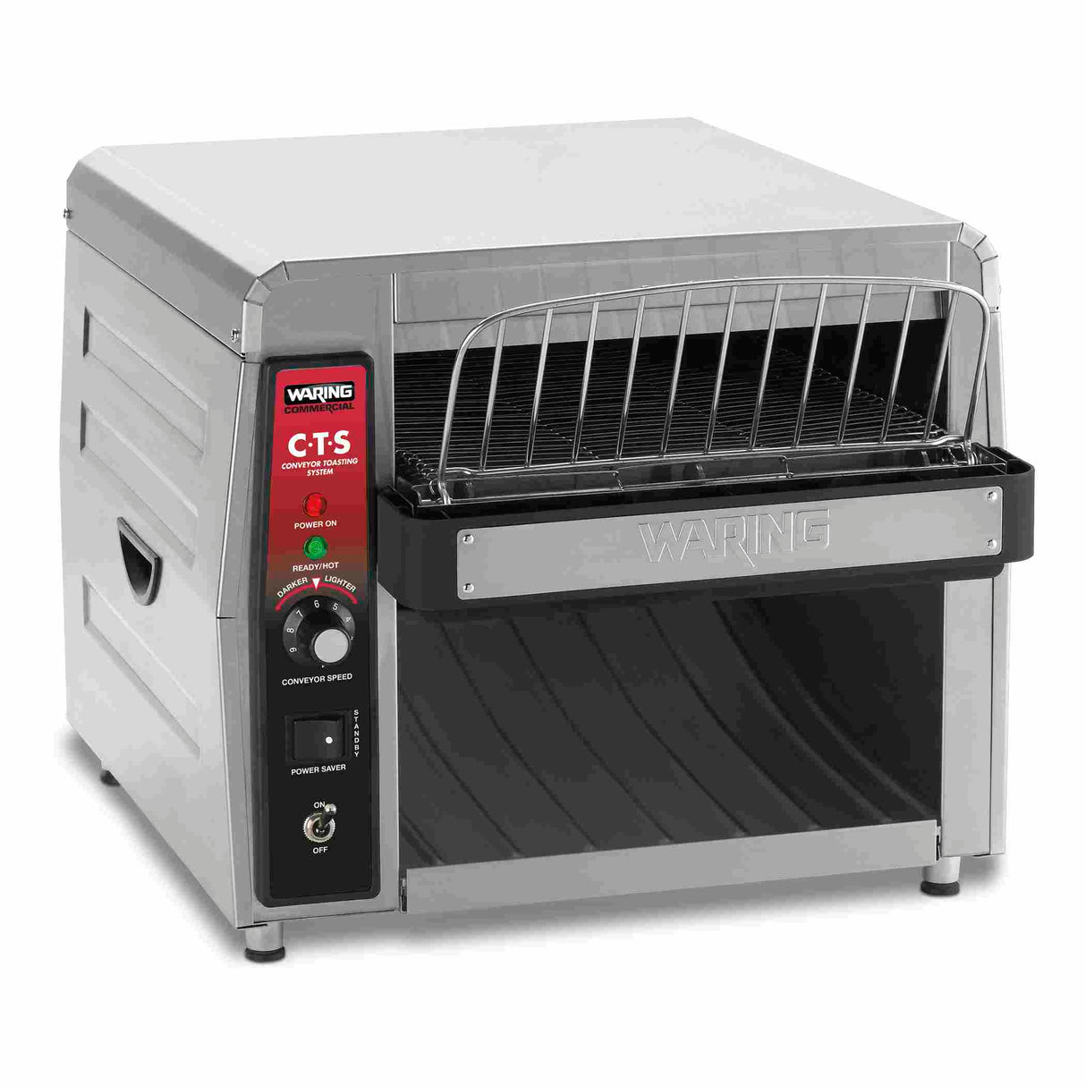 A stainless steel commercial conveyor toaster with a red control panel, labeled Waring CTS, features buttons, dials, and indicator lights. An open rack is ready for bread, and a black front tray catches toast or crumbs.