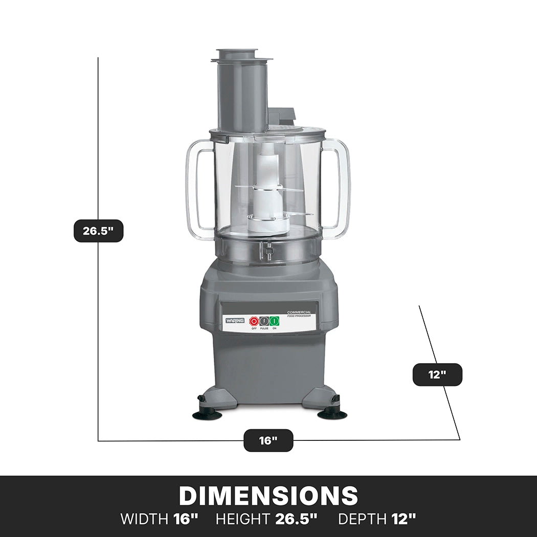 A gray Waring food processor with two side handles and control buttons is shown. Featuring a 3/4-HP motor, its dimensions are height 26.5 inches, width 16 inches, and depth 12 inches—highlighted against a white background with measurement lines.
