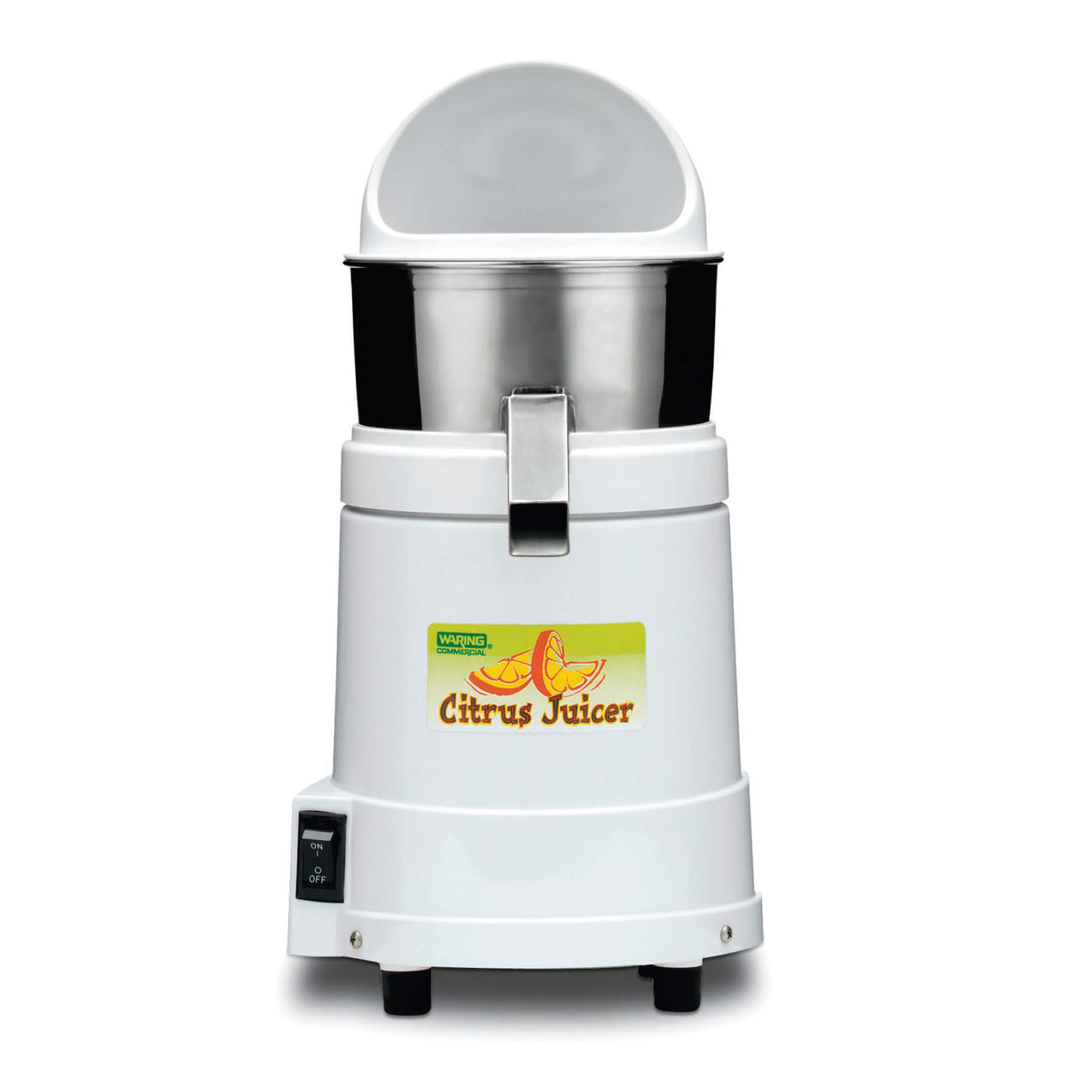 A white electric citrus juicer with a stainless steel juice collector bowl, a clear dome lid, and spout. The front displays a “Citrus Juicer” sticker with sliced fruit. It has an on/off switch and stands firmly on four black feet.