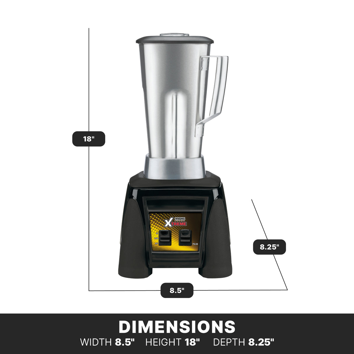 A silver high-power blender with a tall, stainless steel container on a black base. Diagram shows dimensions: 18 inches high, 8.5 inches wide, and 8.25 inches deep. “DIMENSIONS” is labeled at the bottom against a black background.