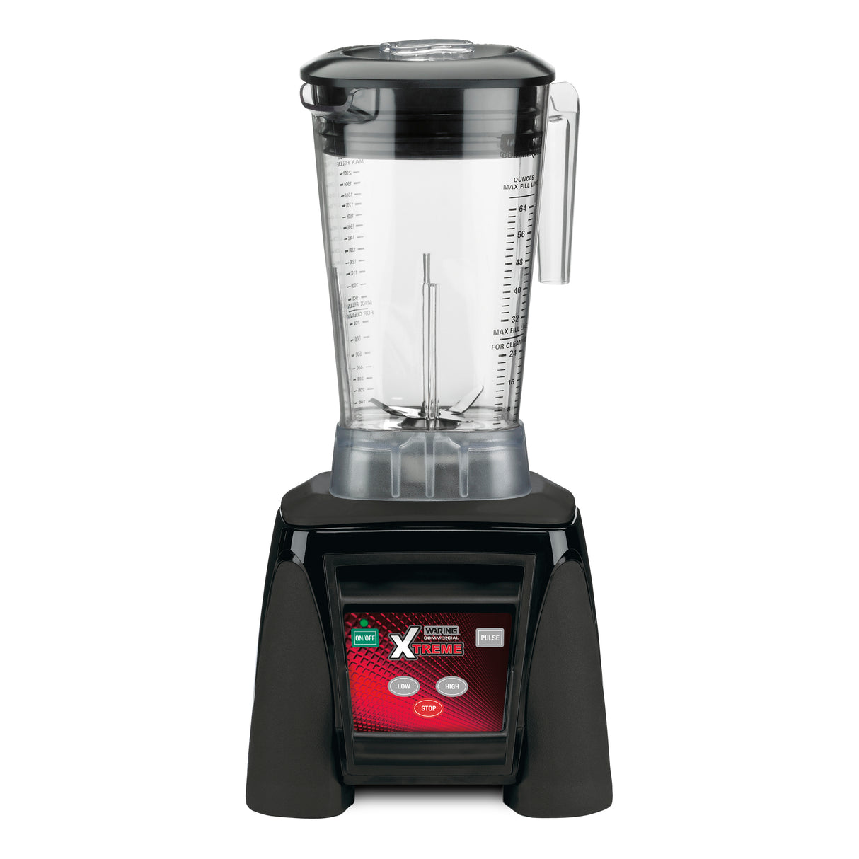 A black and silver high-power blender with a transparent BPA free container. The base features a digital display and red control panel with “Start” and “Stop” buttons. The pitcher has measurement markings, lid, handle, and the “Xtreme” brand name.