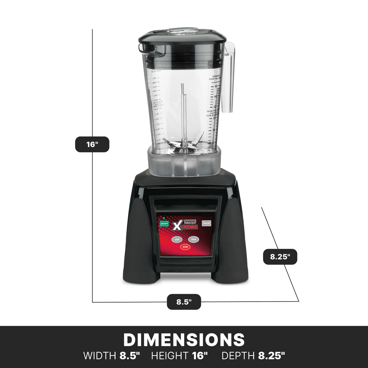 A black and silver high-power blender with a clear BPA free pitcher sits on a counter. Labeled dimensions: height 16 inches, width 8.5 inches, depth 8.25 inches. Background is white; bottom text reads “DIMENSIONS” with size details below.