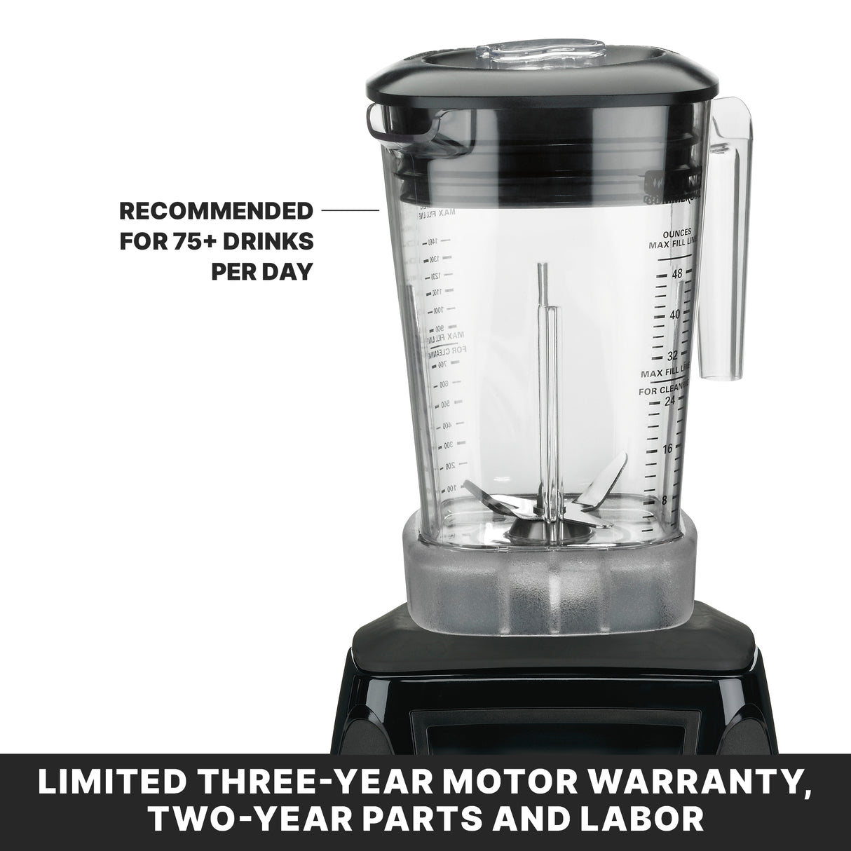 A BPA Free Commercial Blender with a clear plastic container and measurement markings sits on a black base. Text on the left reads, “Recommended for 75+ drinks per day.” Banner below: “Limited three-year motor warranty, two-year parts and labor.”.