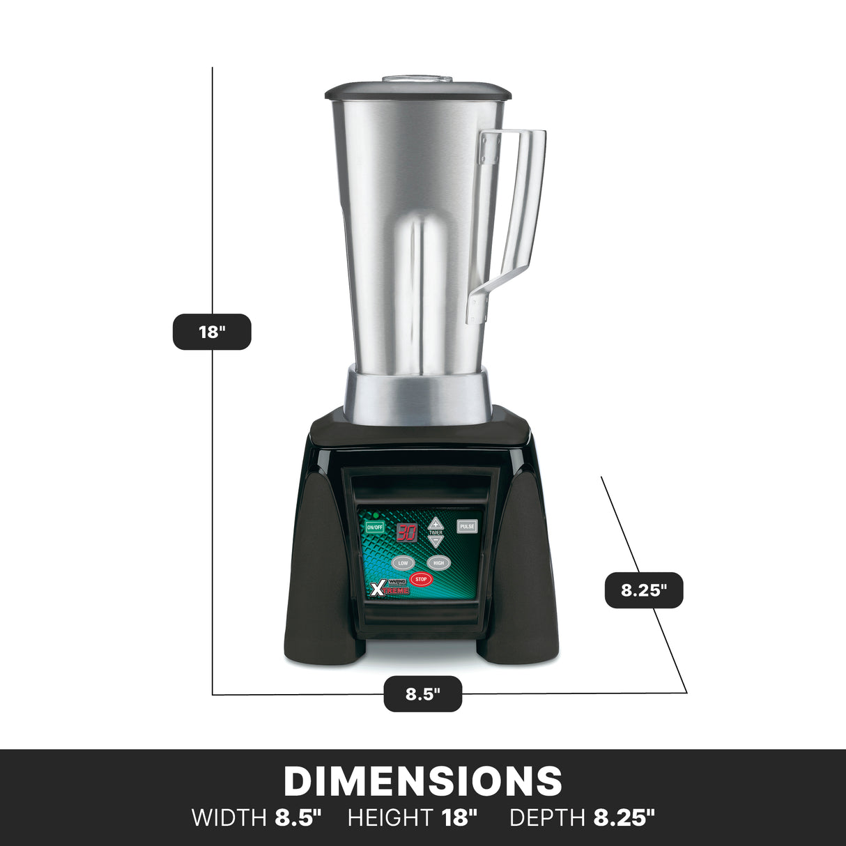 A silver high-power blender with a 64 oz. capacity and tall stainless steel container sits on a black base. Measurements label its 18-inch height, 8.5-inch width, and 8.25-inch depth, with bold text at the bottom restating the dimensions.