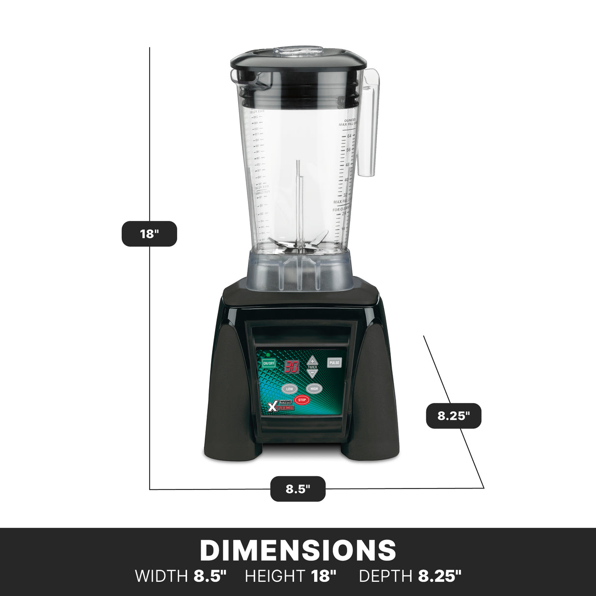 A black and clear high-power blender with labeled dimensions: height 18 inches, width 8.5 inches, and depth 8.25 inches. The front panel has buttons and a digital display. Text at the bottom reads DIMENSIONS with measurements below.