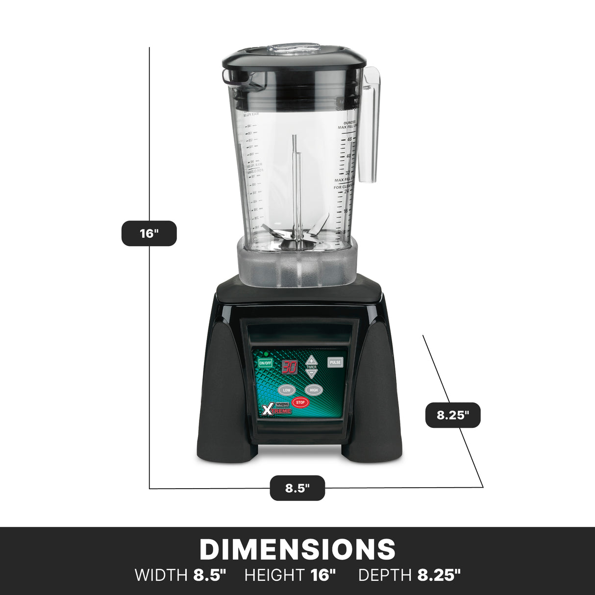 A black heavy duty blender with a clear, BPA free pitcher is shown upright. Guidelines label its dimensions: 16 inches tall, 8.5 inches wide, and 8.25 inches deep. The control panel has buttons and the background is white with a black dimension label footer.