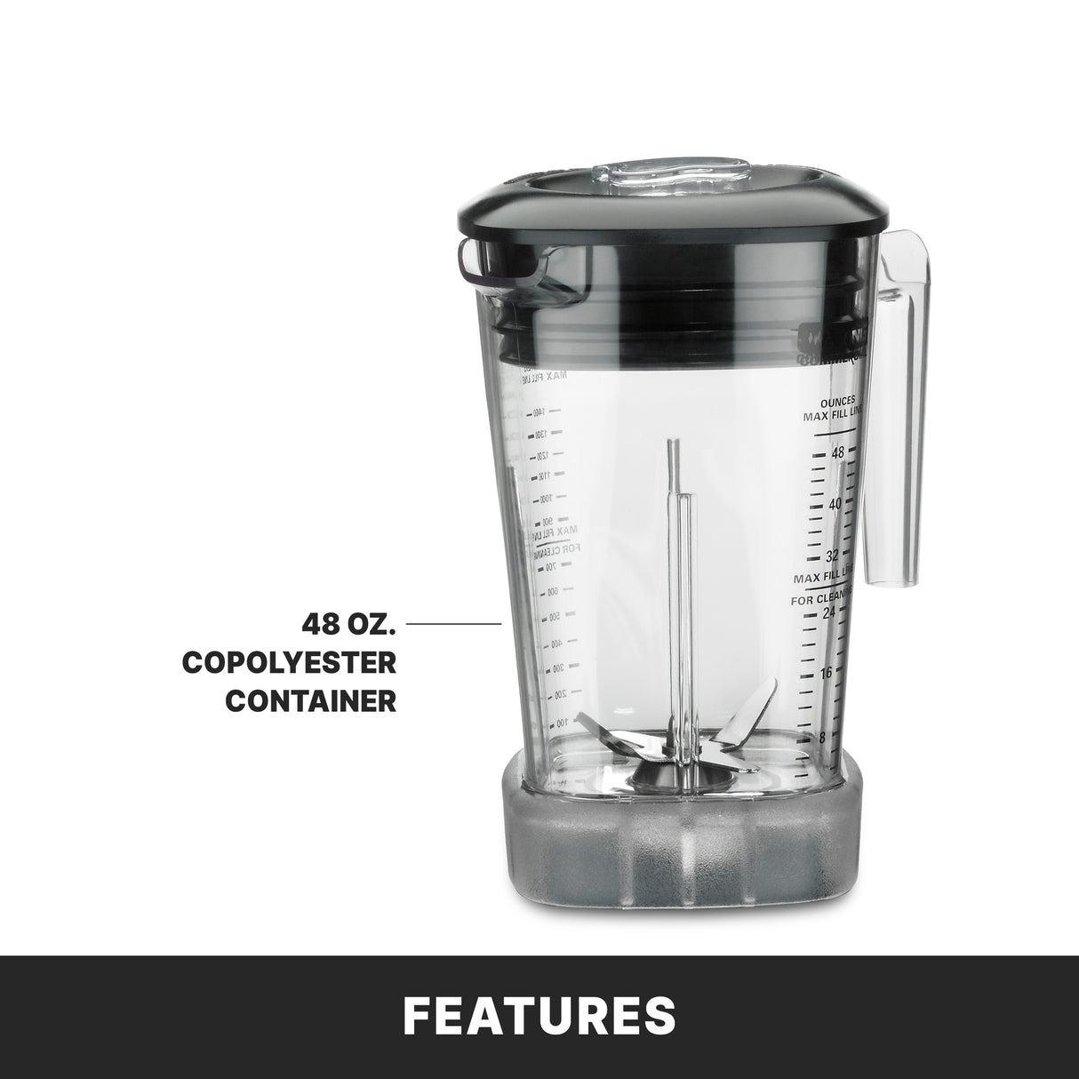 A 48-ounce BPA Free Blender container with a black lid and transparent handle is shown upright on a gray base. Black text labels the container. The bottom banner reads FEATURES in white on a black background.