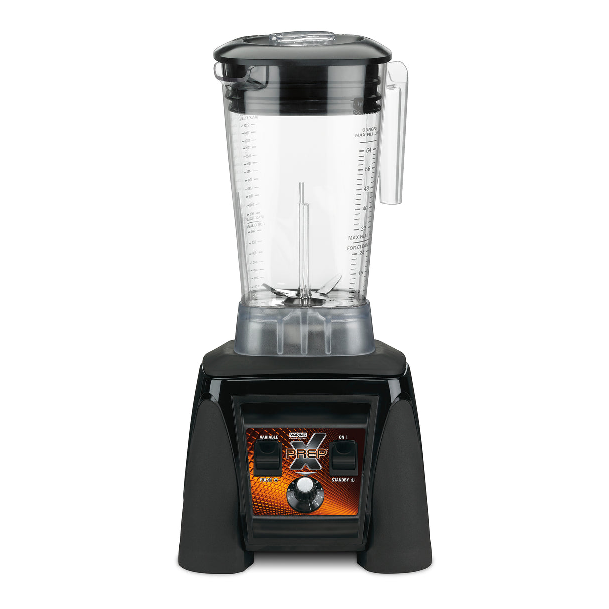 A black 64 oz blender with a clear plastic pitcher, handle, and lid. The heavy duty base features an orange and black control panel with a speed dial and switches. The high-power blender is empty and set against a plain white background.
