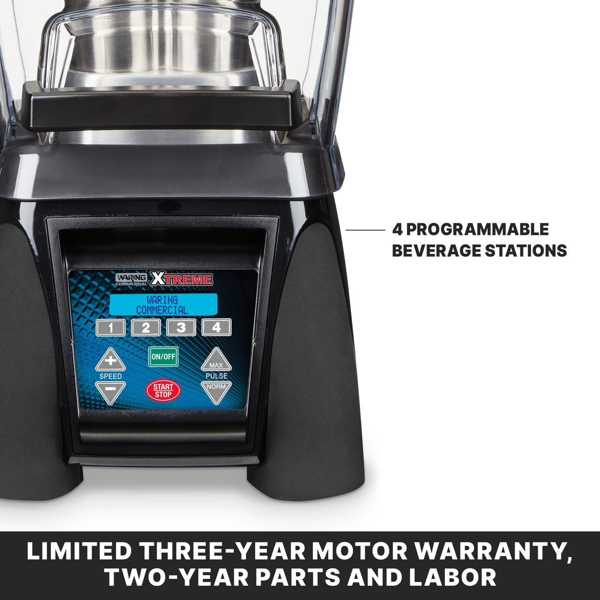 Close-up of an Xtreme High-Power Blender’s control panel with a digital screen displaying Speed, Start/Stop, On/Off, and Pulse. Features include 4 programmable beverage stations and a stainless steel container, plus a warranty message at the bottom.