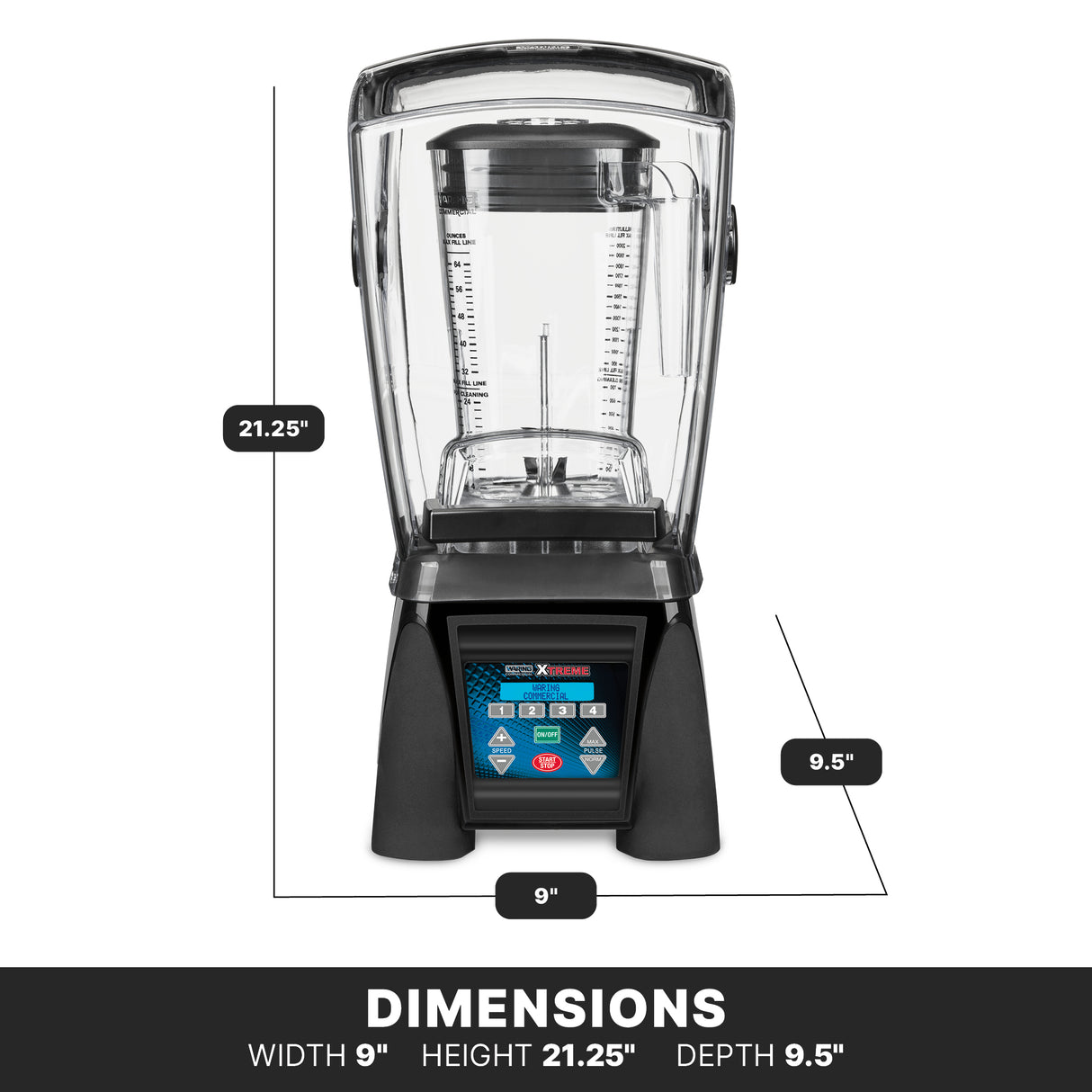 A high-power commercial blender with a clear lid and base, showing precise measurements: 21.25" tall, 9" wide, and 9.5" deep. The blender’s control panel is visible, with dimensions featured on a black bottom banner.