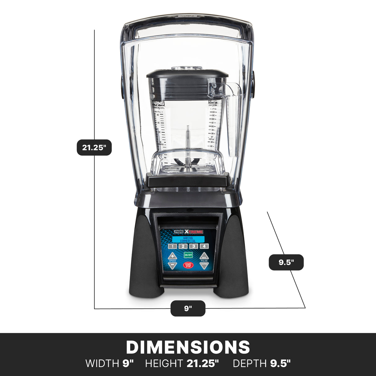 A commercial blender with a clear sound enclosure cover is shown. The base features a digital control panel. Dimensions are labeled: height 21.25 inches, width 9 inches, depth 9.5 inches. A black band at the bottom lists the same dimensions.