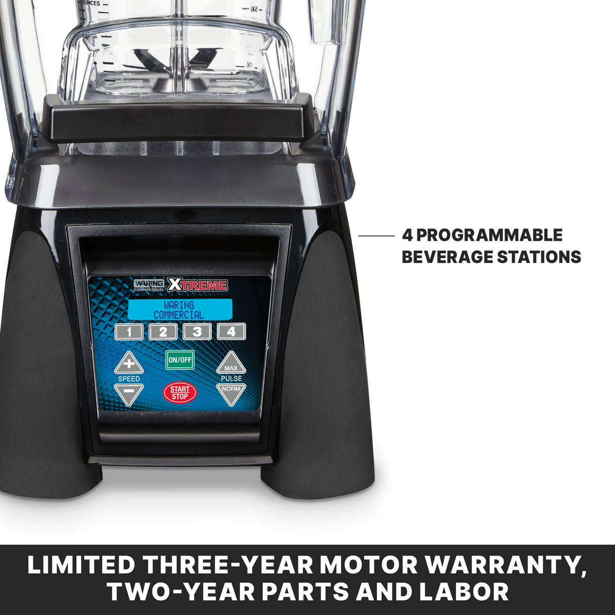 Close-up of a commercial blender base with a digital control panel featuring labeled speed, pulse, and start/stop buttons. Image text highlights 4 programmable beverage stations and a limited three-year motor warranty, two-year parts and labor.