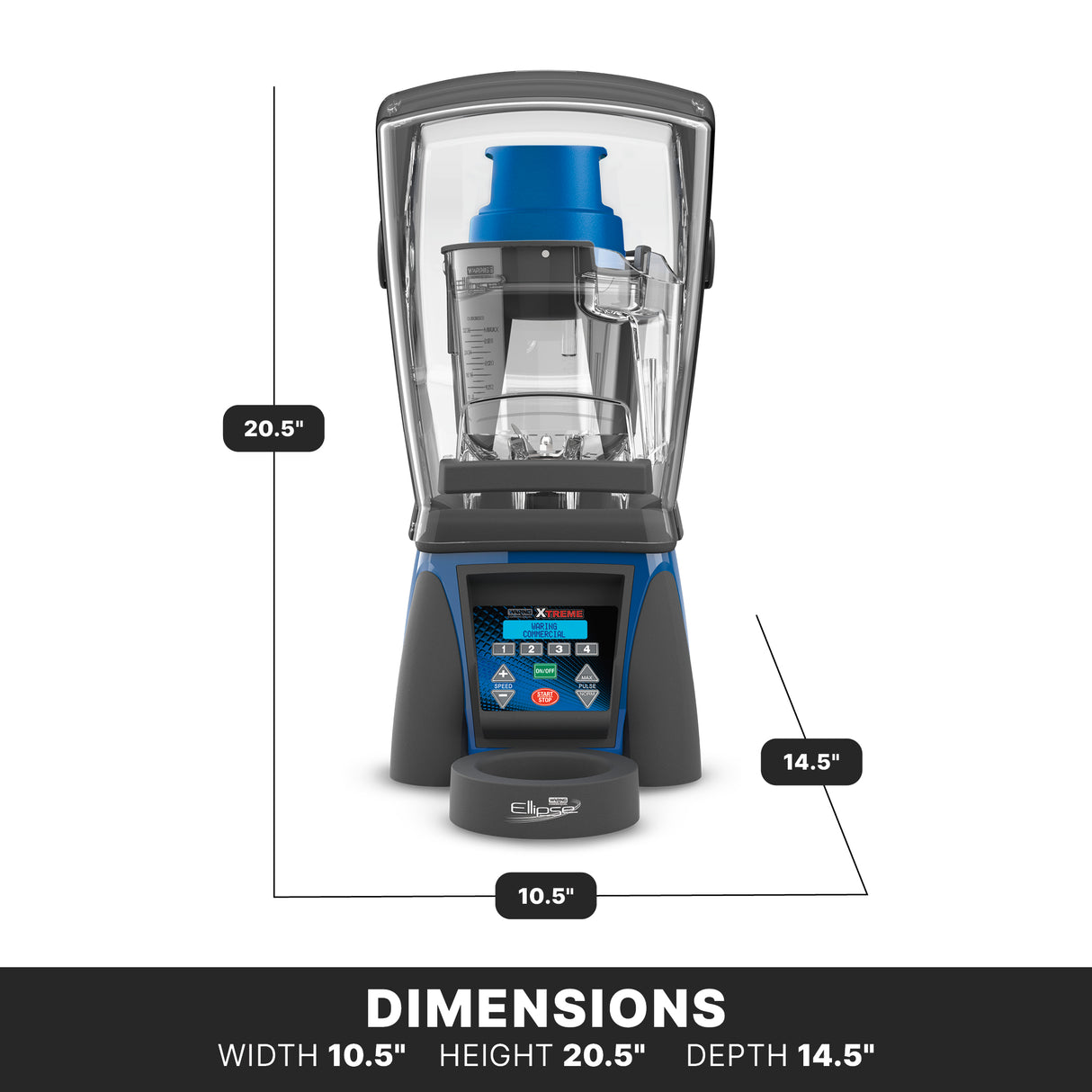A front-facing Xtreme Ellipse Blender with a clear sound enclosure, black and blue base, and digital control panel is shown. Lines and labels indicate its dimensions: 10.5" wide, 20.5" high, 14.5" deep. “DIMENSIONS” appears below.