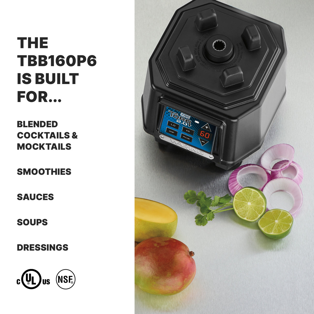 The image features a black 64 oz blender base with control buttons beside fresh ingredients—red onion, lime, cilantro, mango, and jalapeño—on a white surface. Text highlights uses: cocktails, mocktails, smoothies, sauces, soups, dressings. Certification logos are shown below.