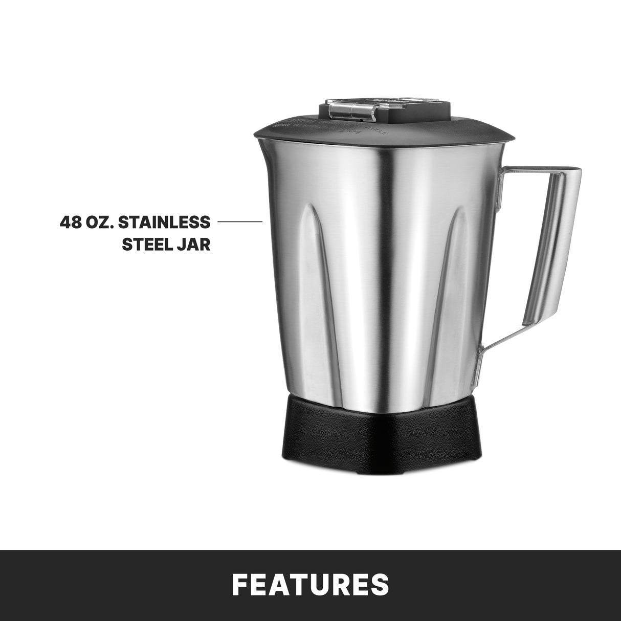 A 48 oz. heavy duty stainless steel container with a handle and lid is shown against a white background. Text highlights its durable design, ideal for any bar blender setup. The black base stands out, with the word FEATURES in bold below the image.