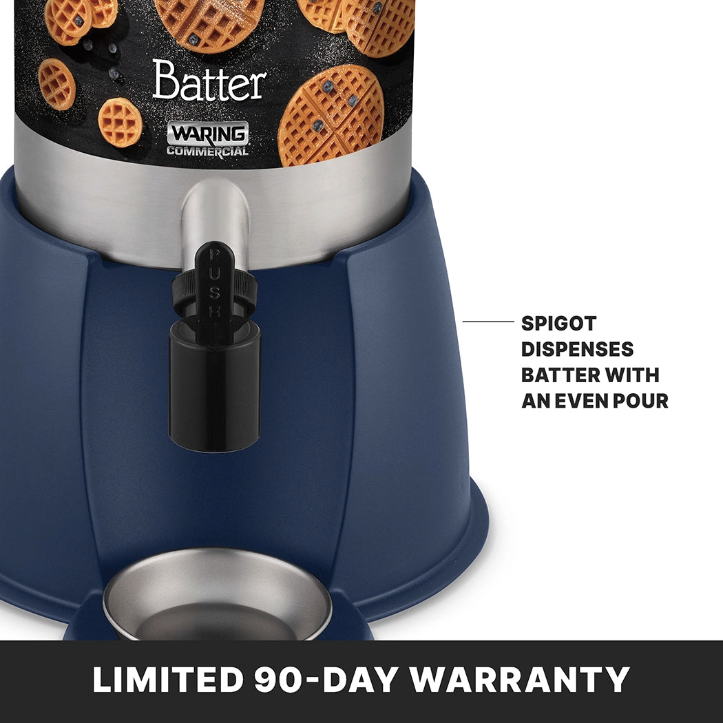 A blue and silver stainless steel batter dispenser with a 2 gallon capacity sits above a small metal bowl. A sign points to the spigot, reading Spigot dispenses batter with an even pour. Text at the bottom says, Limited 90-day warranty.