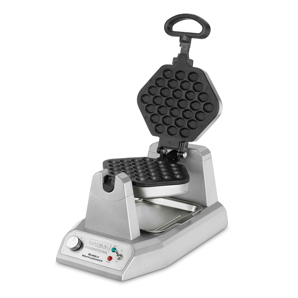 The Waring WBW300X commercial bubble waffle maker features a silver, hexagonal design with a handle, nonstick bubble-pattern cooking plates, control knob, indicator lights, and drip tray. "Waring" is displayed on the front panel.
