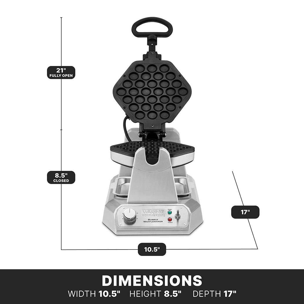 A silver Waring WBW300X bubble waffle maker with a handle is shown open vertically at 21 inches, featuring a honeycomb pattern plate. Dimensions: width 10.5 in, height 8.5 in closed, depth 17 in. Controls and indicator lights are on the base.