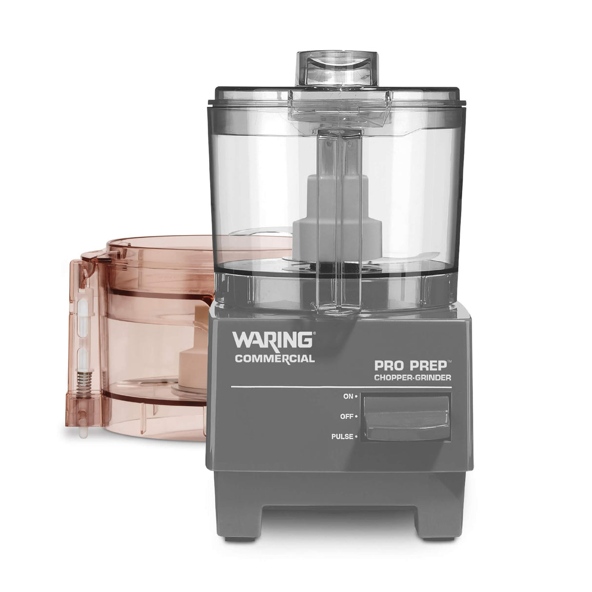 The gray Waring Pro Prep Chopper Grinder features a 3/4 quart capacity, clear plastic lid and base, and ON/OFF/PULSE switch. A second brown-tinted container with a white interior attachment is included for versatile international use.