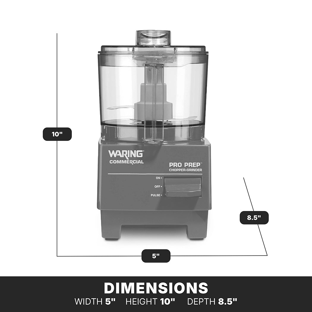 Front view of the Waring Commercial Pro Prep Chopper Grinder with 3/4 quart capacity. The clear plastic container sits on a gray base with labeled controls. Dimensions shown: 10 high, 5 wide, and 8.5 deep, marked under “DIMENSIONS.”.
