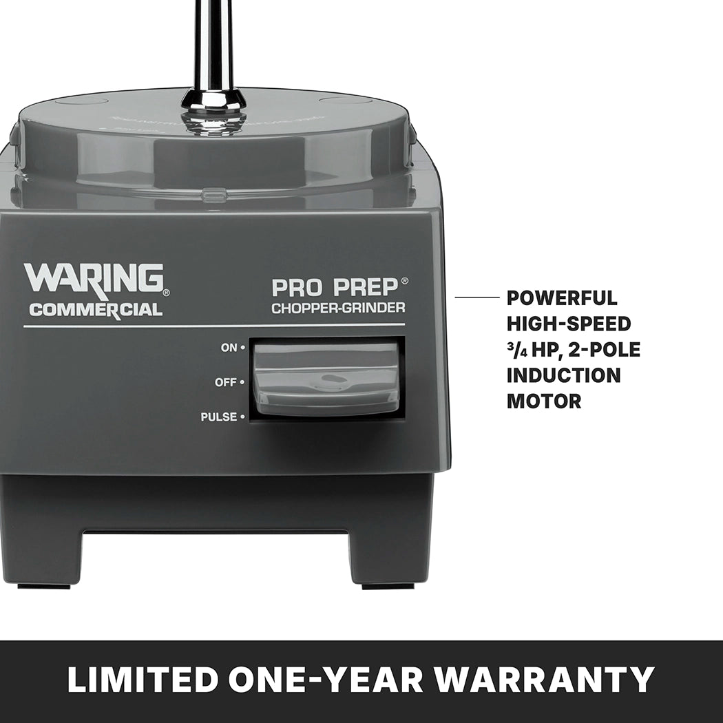 Close-up of the Waring WCG75 Pro Prep Chopper Grinder base, featuring a powerful high-speed 3/4 HP, 2-pole induction motor and a 3/4 quart capacity. Control switch is labeled ON, OFF, and PULSE. Banner reads LIMITED ONE-YEAR WARRANTY.