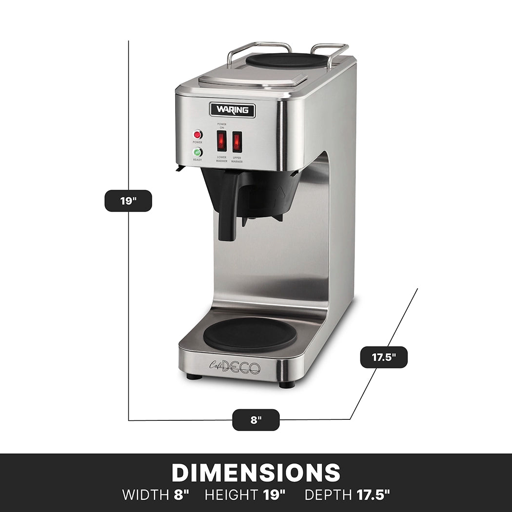 A stainless steel Waring pourover coffee brewer is shown with labeled dimensions: 19 inches tall, 17.5 inches deep, and 8 inches wide. The unit features self regulating warmers, a black spout, control buttons, and a round warming plate at the base.